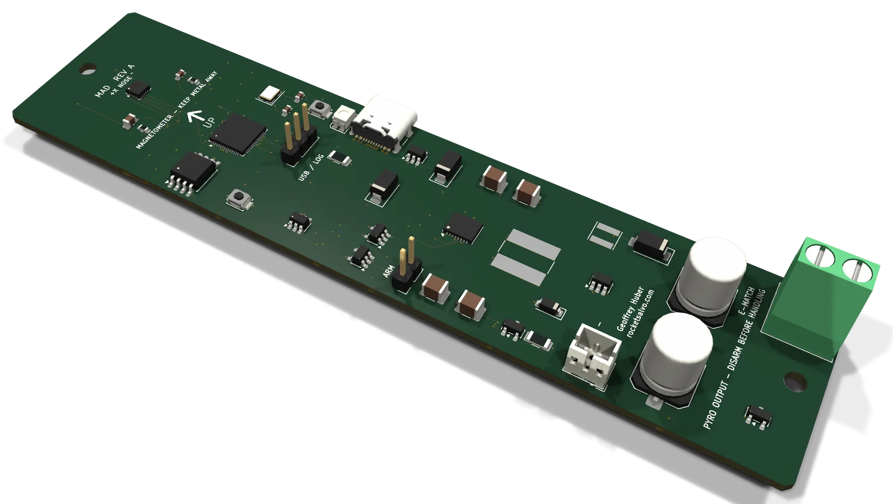 3D render of the MAD Rev A circuit board: a long, narrow green board with the magnetometer at one end, a USB-C connector on one edge, two pin headers, two cylindrical capacitors and a green screw terminal at the other end.