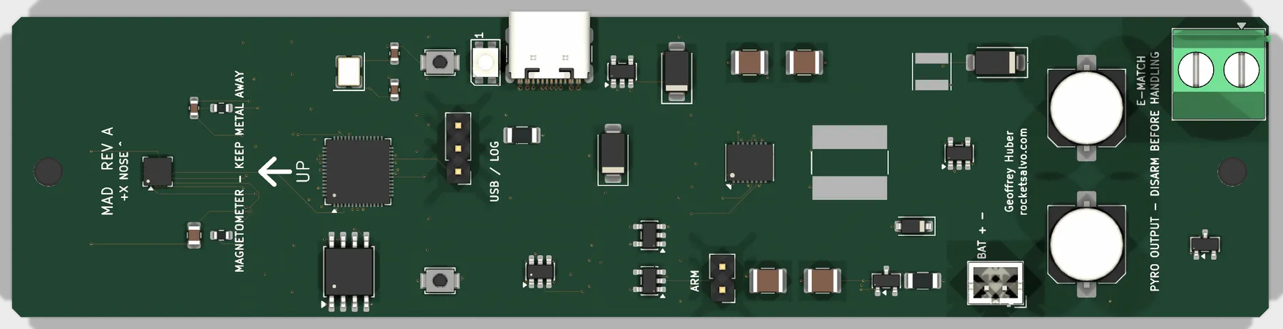 Top view of the MAD Rev A circuit board, rendered from the PCB design files: magnetometer at the nose end on the left, firing capacitors and match terminal at the tail on the right.
